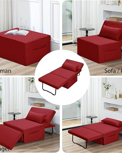 Sofa Bed, 4 in 1 Multi-Function Folding Ottoman Breathable Linen Couch Bed with Adjustable Backrest Modern Convertible Chair for Living Room Apartment Office,Squared-Linen Red - LeafyLoom