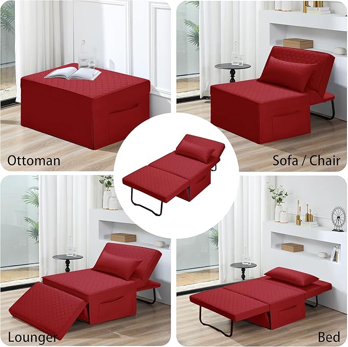 Sofa Bed, 4 in 1 Multi-Function Folding Ottoman Breathable Linen Couch Bed with Adjustable Backrest Modern Convertible Chair for Living Room Apartment Office,Squared-Linen Red - LeafyLoom