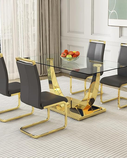 Modern Dining Chairs Set of 4,High Back Grey Kitchen Chairs,Faux Leather Side Chair with Gold Plated Metal Legs,Easy to Clean Upholstered Dining Chairs,Ideal for Living Room(Gold Leg) - LeafyLoom