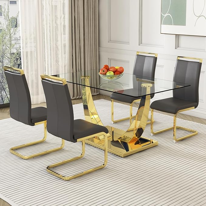 Modern Dining Chairs Set of 4,High Back Grey Kitchen Chairs,Faux Leather Side Chair with Gold Plated Metal Legs,Easy to Clean Upholstered Dining Chairs,Ideal for Living Room(Gold Leg) - LeafyLoom