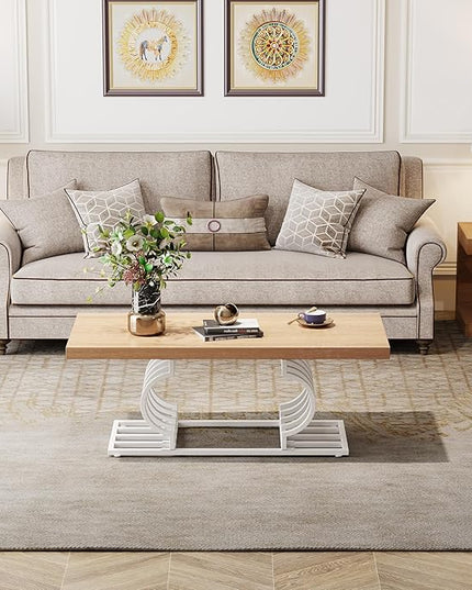 Tribesigns Farmhouse Coffee Table, 47 Inch Rustic Cocktail Table with Geometric Frame, Rectangular Wood Center Table Tea Table Accent Furniture for Living Room, French Country Decor (White/Natural) - LeafyLoom