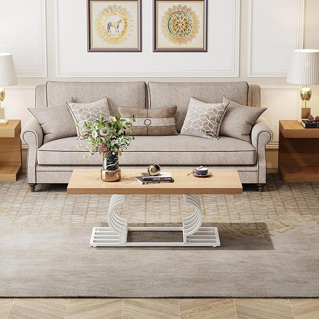 Tribesigns Farmhouse Coffee Table, 47 Inch Rustic Cocktail Table with Geometric Frame, Rectangular Wood Center Table Tea Table Accent Furniture for Living Room, French Country Decor (White/Natural) - LeafyLoom
