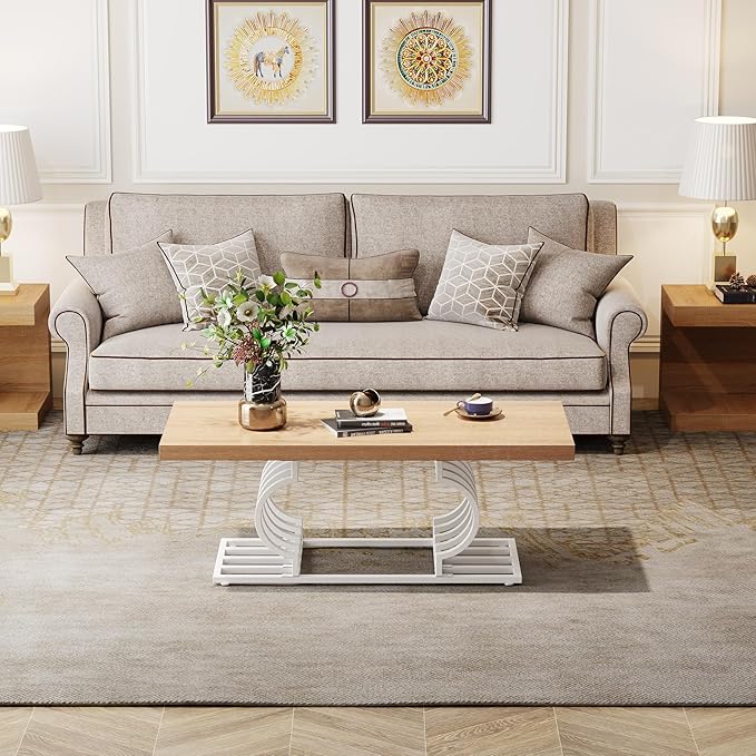 Tribesigns Farmhouse Coffee Table, 47 Inch Rustic Cocktail Table with Geometric Frame, Rectangular Wood Center Table Tea Table Accent Furniture for Living Room, French Country Decor (White/Natural) - LeafyLoom