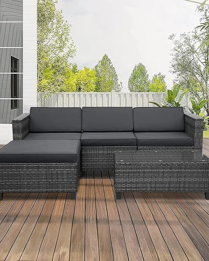 5 Piece Outdoor Patio Sectional Furniture Set, Weather Resistant Rattan Outside Couch, Waterproof Conversation Sofa for Balcony, Porch, Backyard, Deck, Garden, Grey - LeafyLoom