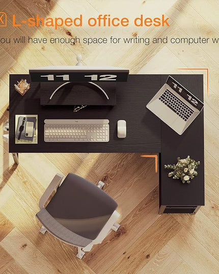 KKL 51 Inch L Shaped Computer Desk with Storage Shelves, Corner Desk with Monitor Stand for Small Space, Modern Simple Writing Study Table for Home Office, Black - LeafyLoom