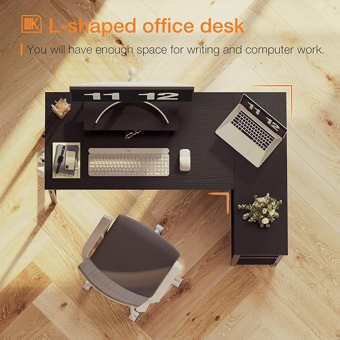 KKL 51 Inch L Shaped Computer Desk with Storage Shelves, Corner Desk with Monitor Stand for Small Space, Modern Simple Writing Study Table for Home Office, Black - LeafyLoom
