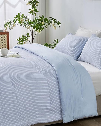 ENCOFT Light Blue Comforters King Size, 3 Piece White and Blue Striped Comforter Set, Soft Microfiber Lightweight Boho Comforter Bedding Set for All Seasons, with 2 Pillowcases, 104x90 Inches - LeafyLoom
