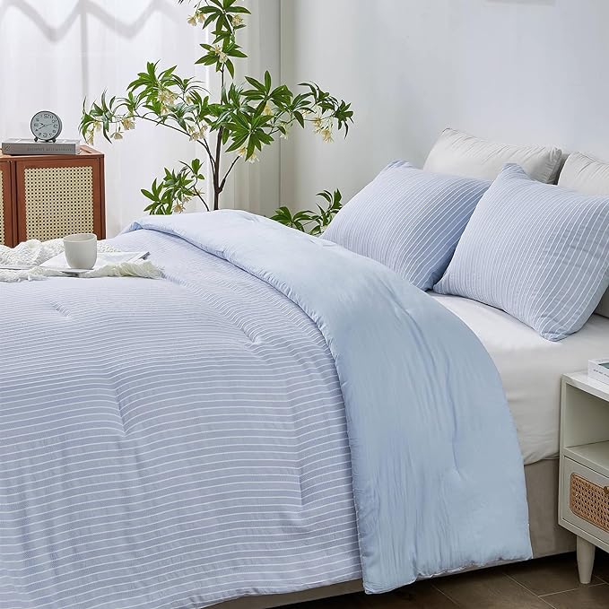 ENCOFT Light Blue Comforters King Size, 3 Piece White and Blue Striped Comforter Set, Soft Microfiber Lightweight Boho Comforter Bedding Set for All Seasons, with 2 Pillowcases, 104x90 Inches - LeafyLoom