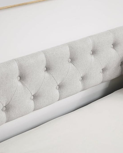 Size Upholstered Daybed with Twin Trundle, Solid Wooden Bed Frame w/Button Tufted Backrest and Copper Nail on Waved Shape Arms, No Spring Box Need, for Living Room, Bedroom, Dorm, Beige - LeafyLoom