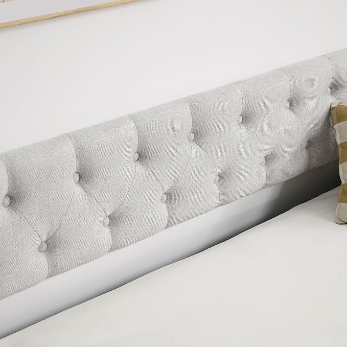 Size Upholstered Daybed with Twin Trundle, Solid Wooden Bed Frame w/Button Tufted Backrest and Copper Nail on Waved Shape Arms, No Spring Box Need, for Living Room, Bedroom, Dorm, Beige - LeafyLoom