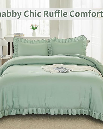 Andency Sage Green California King Comforter Set, 3 Pieces Farmhouse Shabby Chic Cal King Size Ruffle Bed Set, Oversized Soft Lightweight Microfiber Bedding Set - LeafyLoom