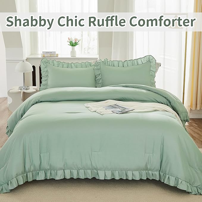 Andency Sage Green Comforter Set King, 3 Pieces Vintage Farmhouse Shabby Chic Ruffle Comforter, Lightweight Soft All Season Microfiber Down Alternative Bedding Comforter Set (104x90Inch, Green) - LeafyLoom