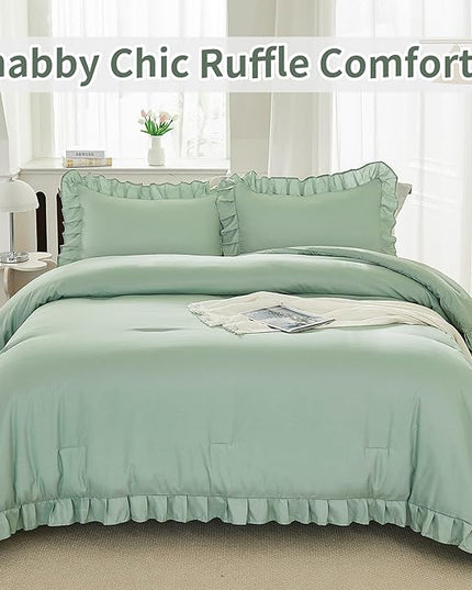 Andency Queen Size Comforter Set, Sage Green Ruffle Bedding Set, 3 Pieces Boho Comforter for Queen Bed, Farmhouse Ruffle Bed Comforter Set, Lightweight and Soft Bedding Comforter for All Seasons - LeafyLoom