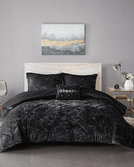Intelligent Design Twin Comforter Set, Velvet Comforter Set , Luxury Diamond Quilting Comforter Set, Fluffy Comforter Bed Set with Decorative Pillowand 1 Sham, 3 Piece Black, Twin/Twin XL - LeafyLoom