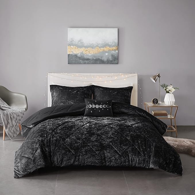 Intelligent Design Twin Comforter Set, Velvet Comforter Set , Luxury Diamond Quilting Comforter Set, Fluffy Comforter Bed Set with Decorative Pillowand 1 Sham, 3 Piece Black, Twin/Twin XL - LeafyLoom
