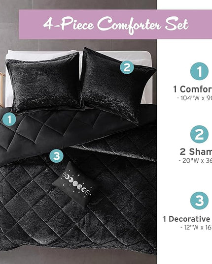 Intelligent Design King Comforter Set, Velvet Comforter Set , Luxury Diamond Quilting Comforter Set, Fluffy Comforter Bed Set with Decorative Pillowand 2 Shams, 4 Piece Black, King/ Cal King - LeafyLoom