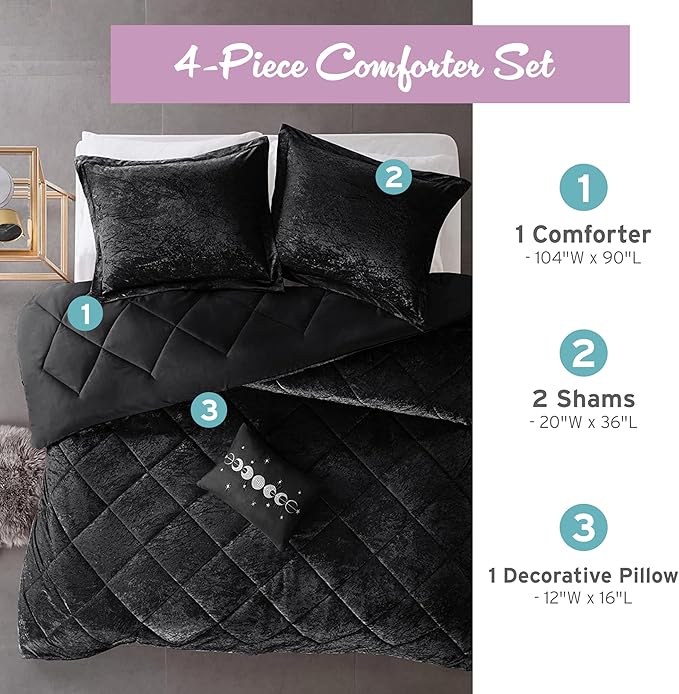Intelligent Design King Comforter Set, Velvet Comforter Set , Luxury Diamond Quilting Comforter Set, Fluffy Comforter Bed Set with Decorative Pillowand 2 Shams, 4 Piece Black, King/ Cal King - LeafyLoom