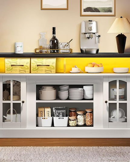 YITAHOME Farmhouse Sideboard Buffet Cabinet with Power Outlet, 58'' LED Coffee Bar Storage Cabinets with Adjustable Shelves and Glass Doors, Wood Rustic Accent Cabinet for Dinning Room, White & Black - LeafyLoom