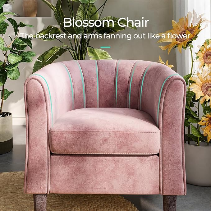 Velvet Accent Chair, Barrel Chair with Ottoman, Modern Comfy Reading Chair Armchair for Living Room Study Room Office, Pink - LeafyLoom