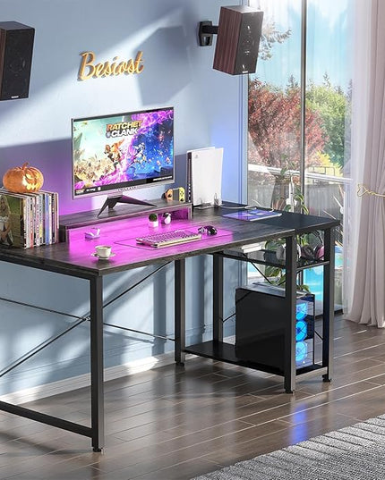 39.4'' Gaming Desk with LED, 39 Computer Desk with Outlets, Small Desk for Small Space, Simple Study Student Writing Desk with Monitor Stand, Laptop Table for Home Office, Grey and Black - LeafyLoom