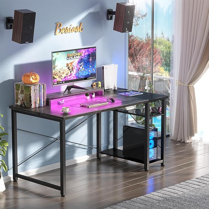 39.4'' Gaming Desk with LED, 39 Computer Desk with Outlets, Small Desk for Small Space, Simple Study Student Writing Desk with Monitor Stand, Laptop Table for Home Office, Grey and Black - LeafyLoom