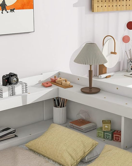 Full Size Wooden Daybed with L-Shaped Bookcases and 2 Storage Drawers, Modern Day Sofa Bed Frame with Headboard for Living Room, Bedroom, Guestroom, Easy Assembly, White - LeafyLoom