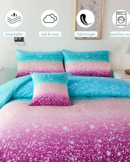 URBONUR Queen Comforter Set for Girls Teens Kids Ombre Purple Orange Teal Bedding Set Soft & Fluffy Girls Bed Set for Queen Bed Comforters with Sheets Set - LeafyLoom
