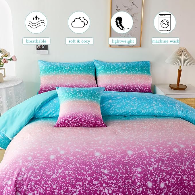 URBONUR Queen Comforter Set for Girls Teens Kids Ombre Purple Orange Teal Bedding Set Soft & Fluffy Girls Bed Set for Queen Bed Comforters with Sheets Set - LeafyLoom
