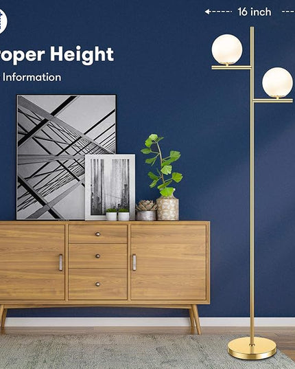 Mid Century Floor Lamp - 2 Globe Modern Standing Lamp with Foot Pedal, Frosted Glass Stand Up Lights for Living Room, Bedroom, Office, Contemporary LED Antique Brass|Gold Tall Pole Light Indoor - LeafyLoom
