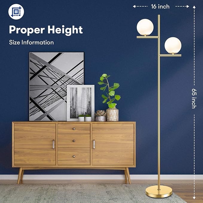 Mid Century Floor Lamp - 2 Globe Modern Standing Lamp with Foot Pedal, Frosted Glass Stand Up Lights for Living Room, Bedroom, Office, Contemporary LED Antique Brass|Gold Tall Pole Light Indoor - LeafyLoom