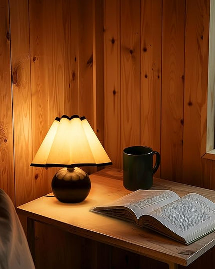 Brightech Blair LED Table Lamp - Small Modern Black Table Lamp with Marble Globe Base, Pleated Shade for Bedroom, Bedside, Side Table - Ambient Night Light with Soft White Light for Desk, Living Room - LeafyLoom