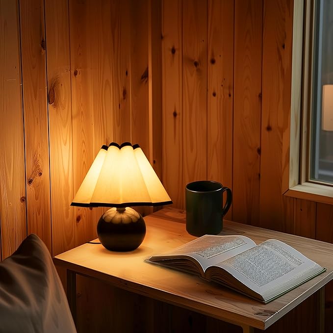 Brightech Blair LED Table Lamp - Small Modern Black Table Lamp with Marble Globe Base, Pleated Shade for Bedroom, Bedside, Side Table - Ambient Night Light with Soft White Light for Desk, Living Room - LeafyLoom