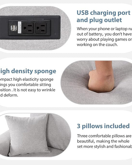 3 in 1 Convertible Sectional Sofa with Pull Out Bed , 87.4" L Shaped Corner Couch with USB Charging Ports & Plug Outlet , Breathable Linen Fabric Conversion Sofabed for Living Room Office Furniture - LeafyLoom