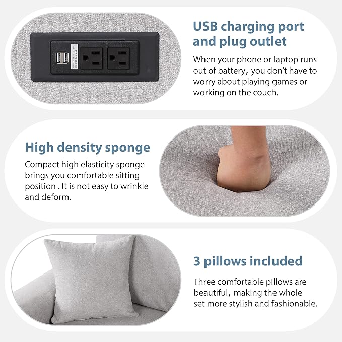 3 in 1 Convertible Sectional Sofa with Pull Out Bed , 87.4" L Shaped Corner Couch with USB Charging Ports & Plug Outlet , Breathable Linen Fabric Conversion Sofabed for Living Room Office Furniture - LeafyLoom