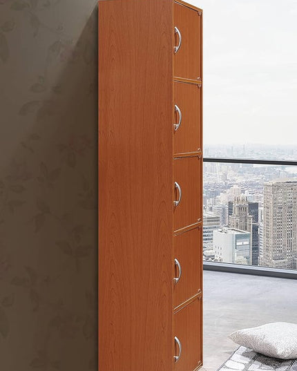 HODEDAH 5 Door Bookcase Cabinet, Cherry - LeafyLoom