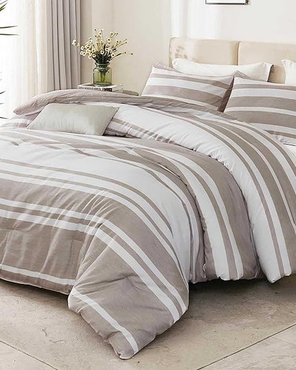 Bedsure Bed in a Bag Queen Size 7 Pieces, Light Camel White Striped Bedding Comforter Sets All Season Bed Set Khaki, 2 Pillow Shams, Flat Sheet, Fitted Sheet and 2 Pillowcases - LeafyLoom