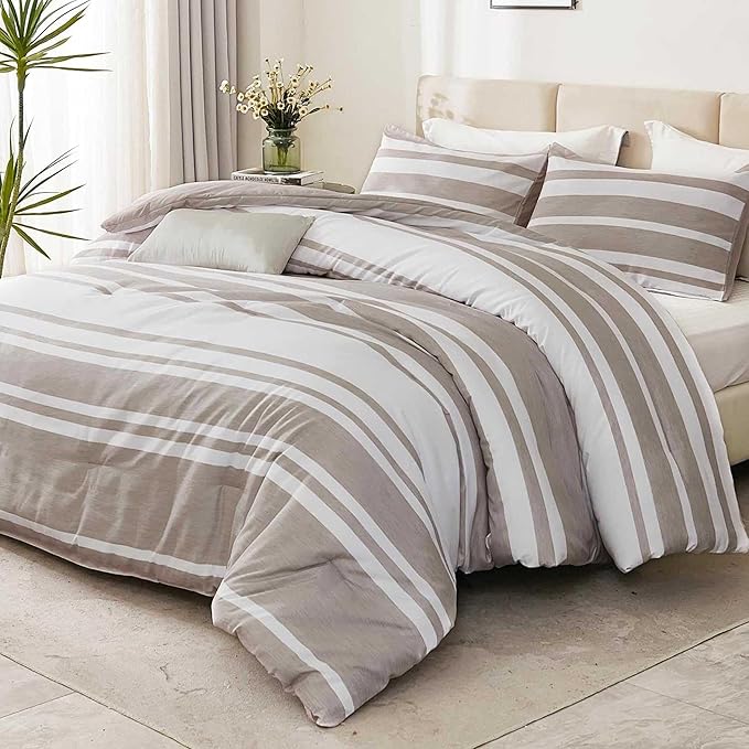 Bedsure Bed in a Bag Queen Size 7 Pieces, Light Camel White Striped Bedding Comforter Sets All Season Bed Set Khaki, 2 Pillow Shams, Flat Sheet, Fitted Sheet and 2 Pillowcases - LeafyLoom