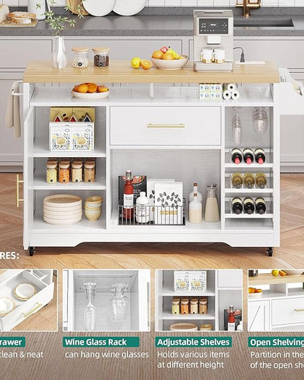 YITAHOME 53 Inch Large Kitchen Island with Power Outlet & Wine Storage, Portable Rolling Islands Cabinet on Wheels Farmhouse w Thick Table Top Drawer Glass Holder Spice Rack, White & Oak - LeafyLoom