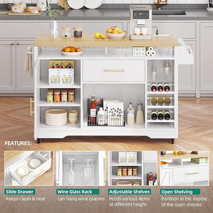 YITAHOME 53 Inch Large Kitchen Island with Power Outlet & Wine Storage, Portable Rolling Islands Cabinet on Wheels Farmhouse w Thick Table Top Drawer Glass Holder Spice Rack, White & Oak - LeafyLoom