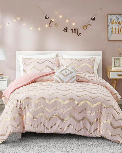 Codi King Size Bedding Sets Pink - Metallic Print Blush Comforter Set - 4 Piece includes 1 Rose Gold Comforter, 1 Decorative Pillow, 2 Pillow Cases - All Seasons Warm - LeafyLoom