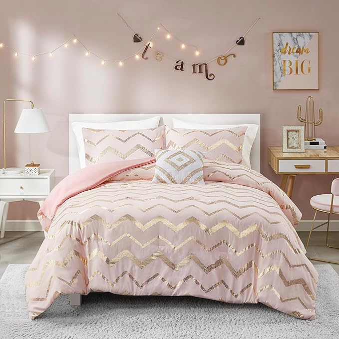 Codi King Size Bedding Sets Pink - Metallic Print Blush Comforter Set - 4 Piece includes 1 Rose Gold Comforter, 1 Decorative Pillow, 2 Pillow Cases - All Seasons Warm - LeafyLoom
