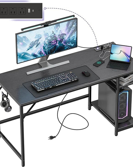 Computer Desk, 55 inches desk with 2 Shelves, Home Office Desk with USB/Type-C Charging Ports & Power Outlets, Study Table for Adults, Black - LeafyLoom