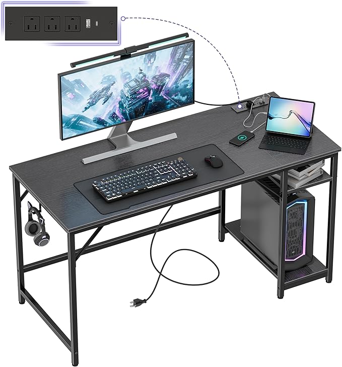 Computer Desk, 55 inches desk with 2 Shelves, Home Office Desk with USB/Type-C Charging Ports & Power Outlets, Study Table for Adults, Black - LeafyLoom