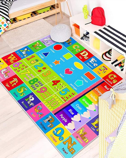 Kids Alphabet Play Game Rug - 2' 7" x 4' ABC Numbers and Shapes Educational Learning Toddler Carpet - Kids Room Playroom Classroom Kindergarten Activity Fun Soft Non-Slip Mat - LeafyLoom
