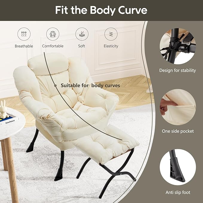 Lazy Chair with Folding Ottoman Modern Large Accent Chair,Contemporary Lounge Leisure Sofa Chair with Armrests Upholstered Sofa Armchair Reading Chair for Bedroom,Dorm & Office,Beige - LeafyLoom