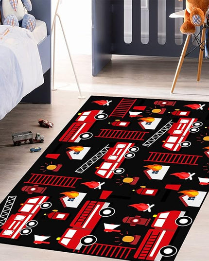 Car Play Rug Fire Fighting Truck Area Rug Car Rug Play Mat Kids Rugs for Playroomcar Rug for Boys Room Carpet Floor Mat for Bedroom Living Room,Black 3'×4' - LeafyLoom