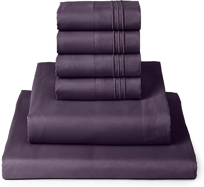 Mellanni California King Sheets Set - 6 PC Iconic Collection Bedding Sheets & Pillowcases - Ultra Soft, Cooling Bed Sheets - Deep Pocket up to 16 inch - 6 PC (Cal King, Purple w/Extra Pillow Cases) - LeafyLoom