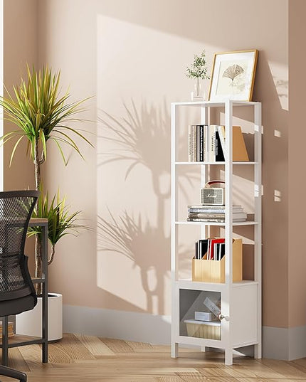 TUTOTAK 5 Tier Bookcase and Bookshelf, Narrow Book shelf with Door for Small Space, for Living Room, Office, Study, Entryway, White BS03BW005 - LeafyLoom