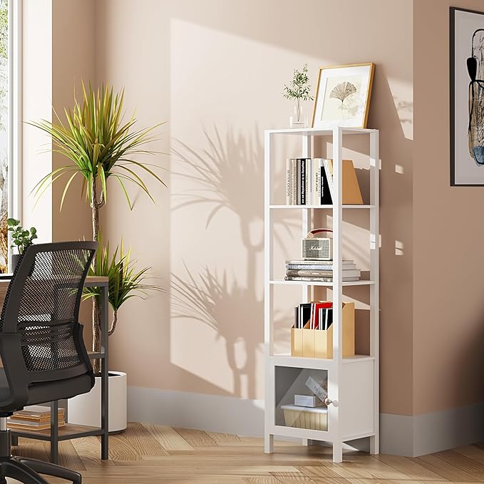 TUTOTAK 5 Tier Bookcase and Bookshelf, Narrow Book shelf with Door for Small Space, for Living Room, Office, Study, Entryway, White BS03BW005 - LeafyLoom