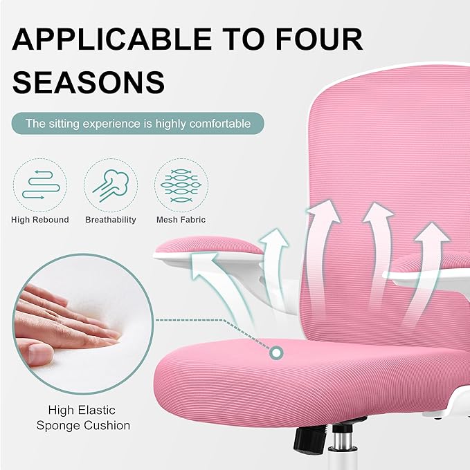 Ergonomic Office Chair, Lumbar Support Desk Chair with Flip-up Armrest and Breathable Mesh, Height Adjustable Swivel Office Chair Pink - LeafyLoom